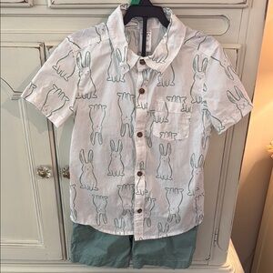 Carter's White and Green Button Down Shirt with Bunny Print